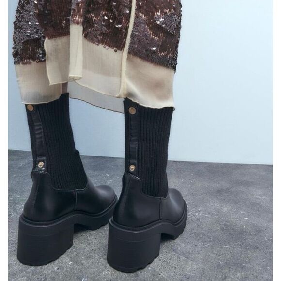 Zara Women’s Black Ribbed Sock Ankle Boots With Track Sole - Picture 10 of 13